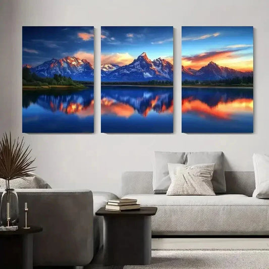 3pcs Majestic Mountain Peaks, Scenic Lake Metal Print Ready to Hang Art
