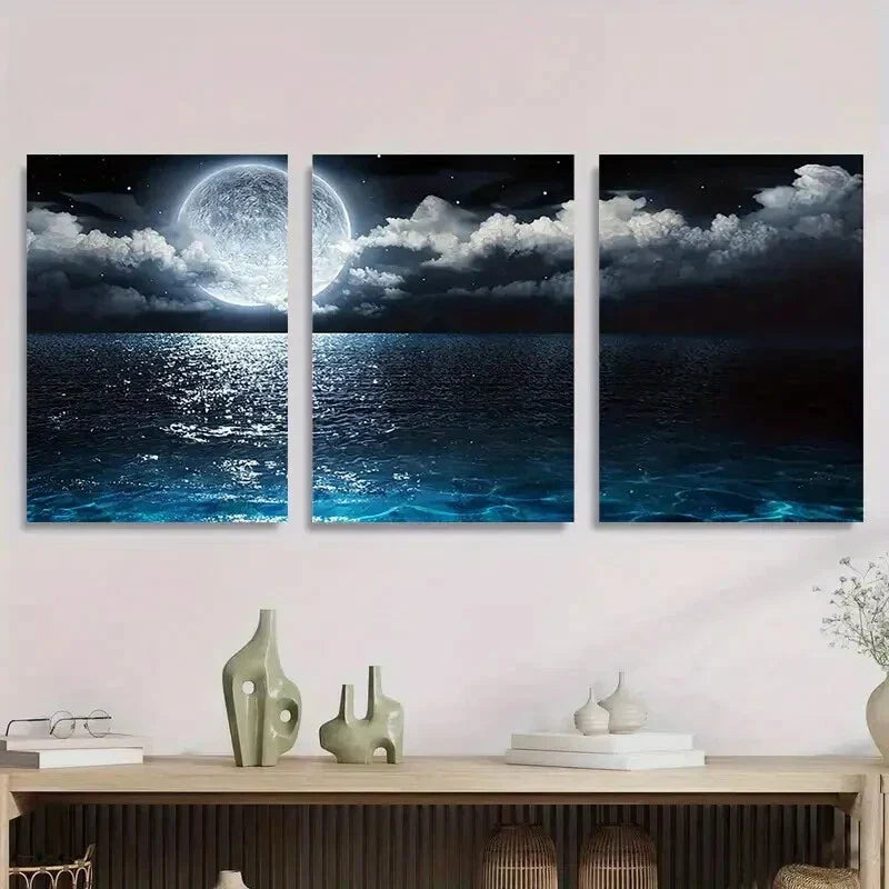 3pcs Serene Night Sky & Cloud Reflections Metal Print Ready to Hang Art
