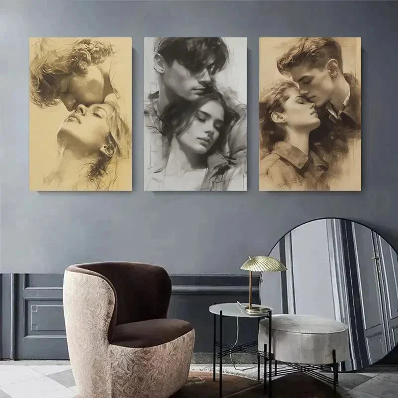 3pcs Romantic Couple Sketch Black and White Metal Print Ready to Hang Art