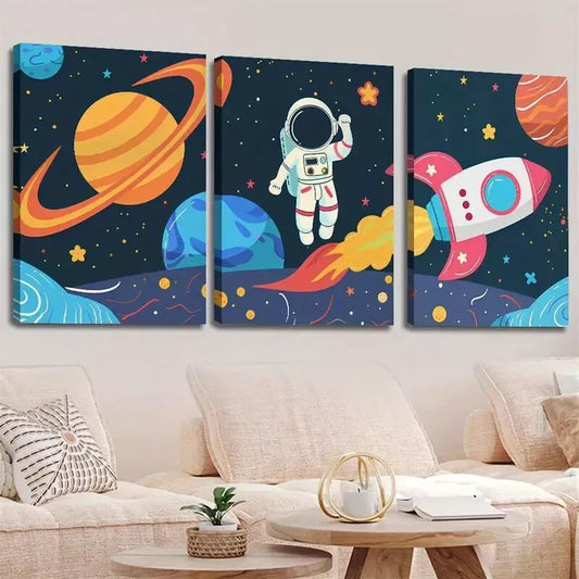 3pcs Vibrant Aesthetic Space-Themed Astronaut Wall Art Set Canvas Framed 40x60cm - High Quality Print 100% Australian Made Wall Canvas Ready to Hang
