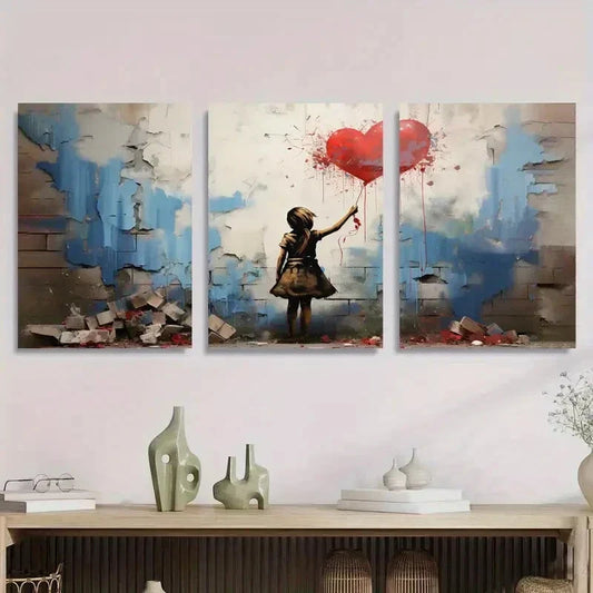 3pcs Vibrant Blue, Red & Yellow Accents Digital Metal Print Ready to Hang Art