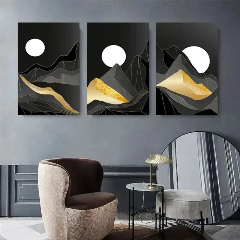 3pcs Black & Golden Mountain Design Metal Print Ready to Hang Art