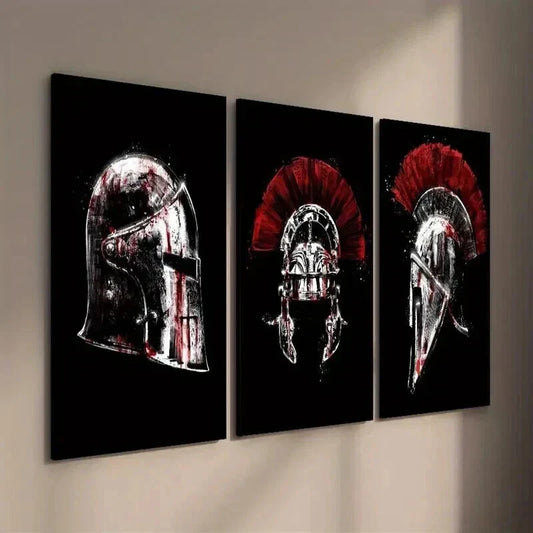 3pcs Red & White Roman Spartan Helmets Wall Art Set Canvas Framed 40x60cm - High Quality Print 100% Australian Made Wall Canvas Ready to Hang