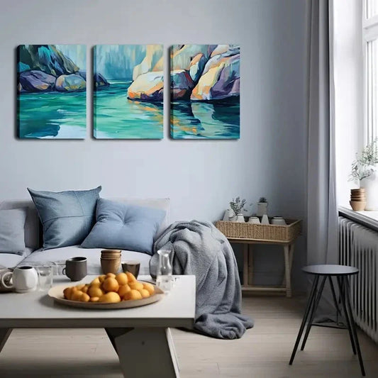 3pcs Vibrant Blue Water Rocks Design Perfect Wall Art Set Canvas Framed 40x60cm - High Quality Print 100% Australian Made Wall Canvas Ready to Hang