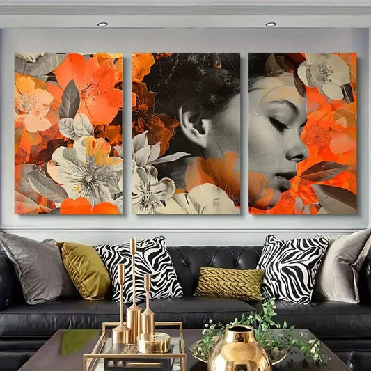 3pcs Abstract Floral Women Portraits, Orange Metal Print Ready to Hang Art