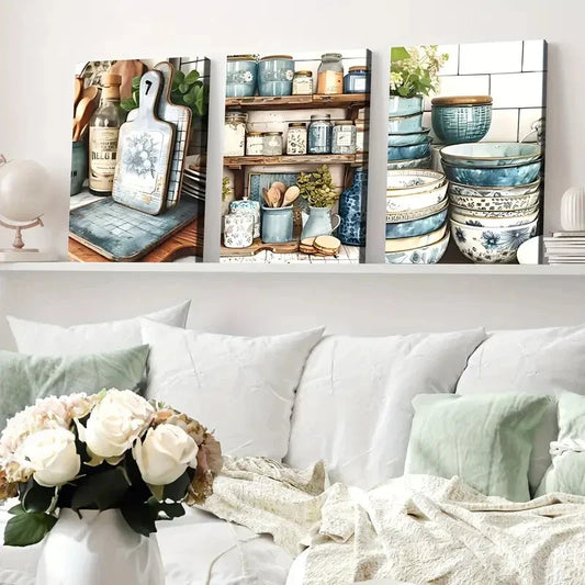 3pcs Modern American Art Deco Style Blue White Wall Art Set Canvas Framed 40x60cm - High Quality Print 100% Australian Made Wall Canvas Ready to Hang