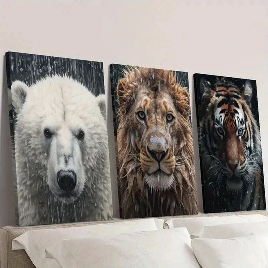 3pcs Polar Bear Lion & Tiger in Rainy Weather Wall Art Set Canvas Framed 40x60cm - High Quality Print 100% Australian Made Wall Canvas Ready to Hang
