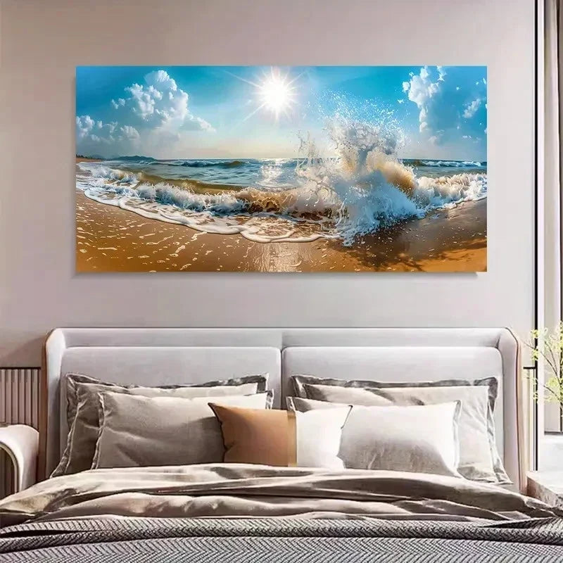 Serene Sandy Shore & Ocean Wave Wall Art Canvas Office Home Room Framed 80x45cm