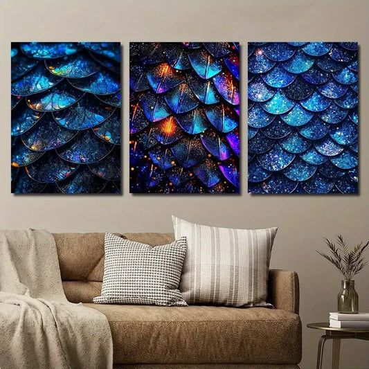 3pcs Blue Glitter Fashion Close-Up Scales Metal Print Ready to Hang Art