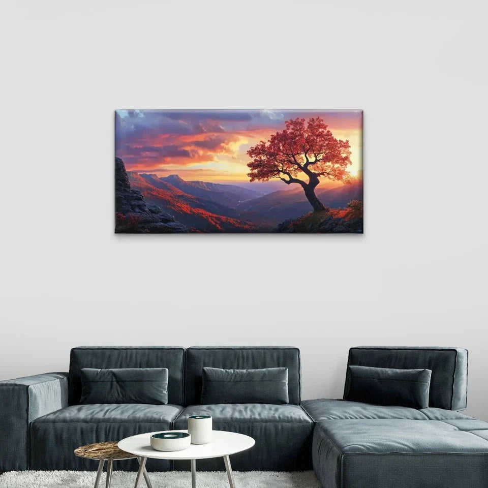 Vibrant Sunset Tree Mountain Wall Art Canvas Office Home Room Framed 80x45cm