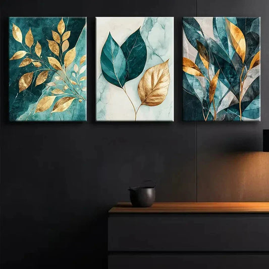 3pcs Teal and Gold Leaf Nature Beauty Perfect Wall Art Set Canvas Framed 40x60cm - High Quality Print 100% Australian Made Wall Canvas Ready to Hang