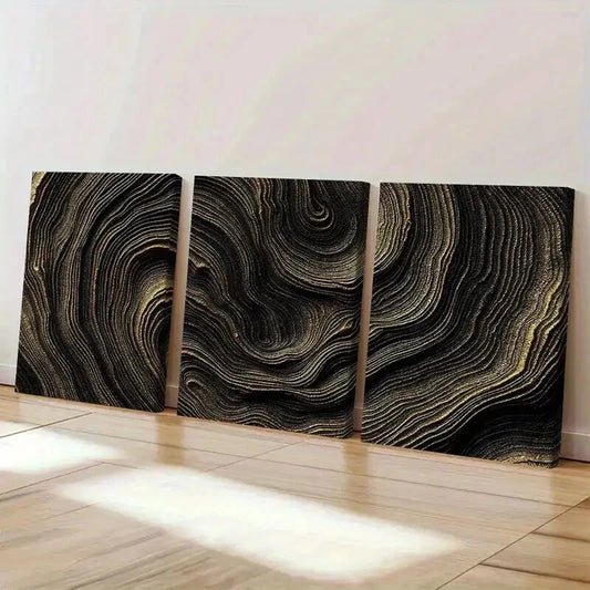 3pcs Black and Golden Abstract Wave Pattern Wall Art Set Canvas Framed 40x60cm - High Quality Print 100% Australian Made Wall Canvas Ready to Hang
