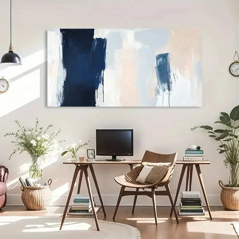 Neutral Color Minimalist Modern Wall Art Canvas Office Home Room Framed 80x45cm