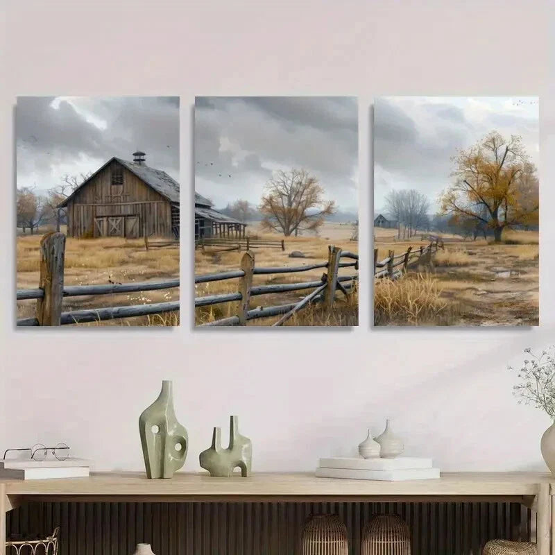 3pcs Rustic Farmhouse Autumn Landscape Serene Metal Print Ready to Hang Art