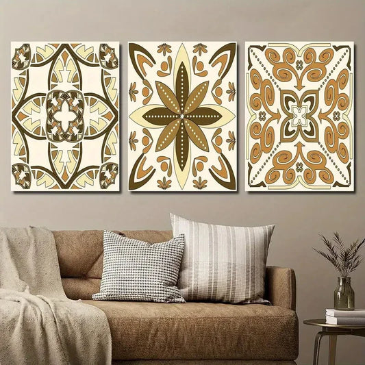 3pcs Abstract Golden Mexican Talavera Tiles Metal Print Ready to Hang Art