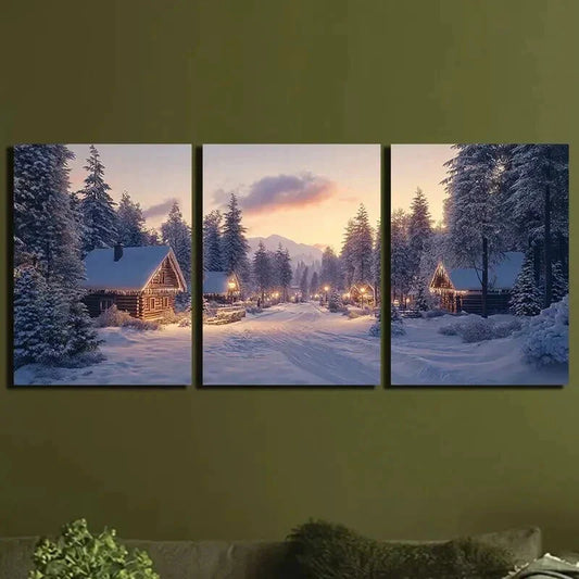 3pcs Houses in the Snow Mountain Wall Art Set Canvas Framed 40x60cm - High Quality Print 100% Australian Made Wall Canvas Ready to Hang