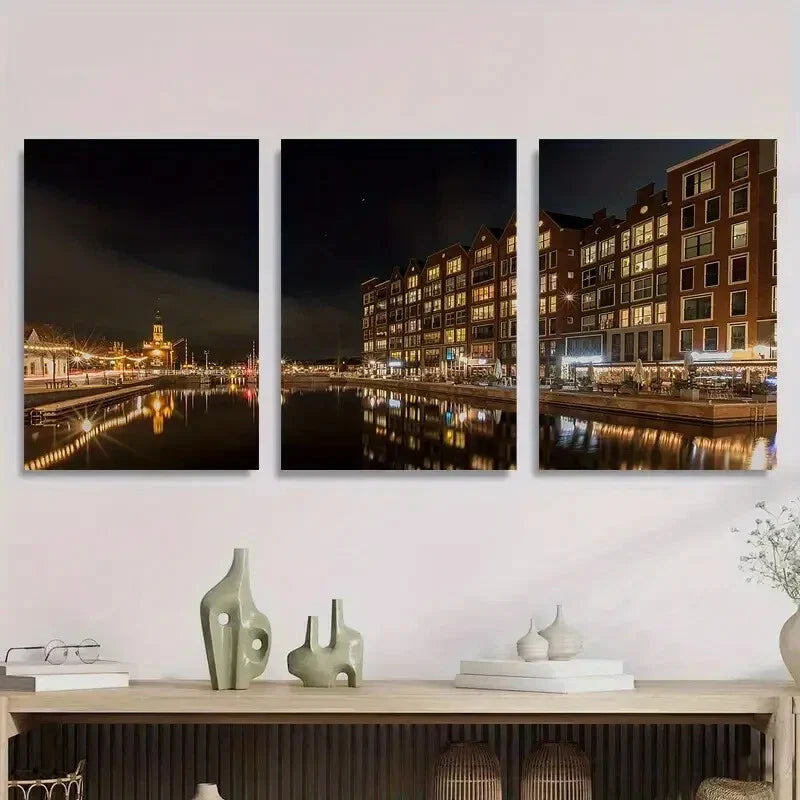 3pcs Amsterdam Canal Night Cityscape Night Metal Print Ready to Hang Art