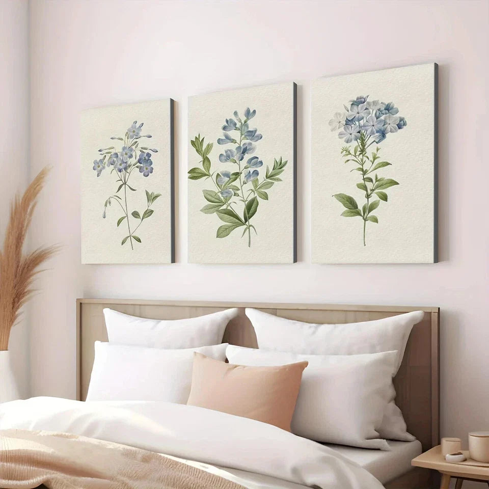 3pcs Vintage Botanical Blue Flowers Green Leaves Wall Art Set Canvas Framed 40x60cm - High Quality Print 100% Australian Made Wall Canvas Ready to Hang