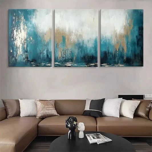 3pcs Abstract Teal Golden Hues Modern Perfect Wall Art Set Canvas Framed 40x60cm - High Quality Print 100% Australian Made Wall Canvas Ready to Hang