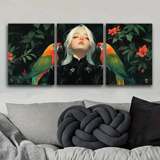 3pcs Colored parrots and girls Metal Print Ready to Hang Art