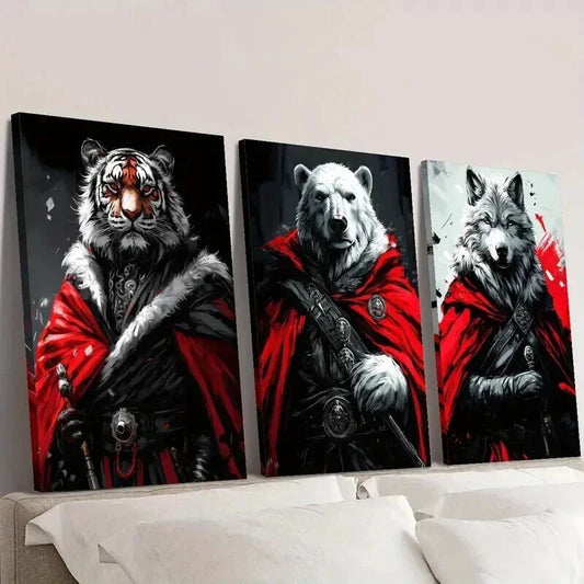 3pcs Cloaked Tigers Bears and Wolves Wall Art Set Canvas Framed 40x60cm - High Quality Print 100% Australian Made Wall Canvas Ready to Hang