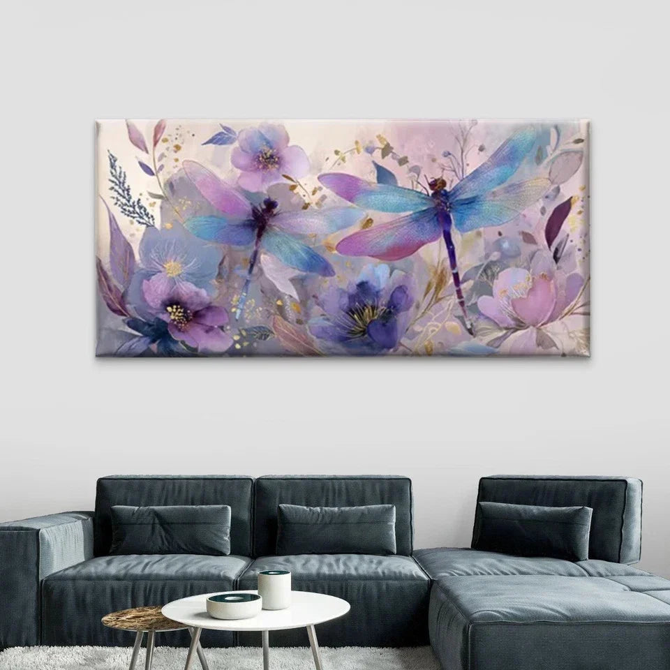 Dragonflies & Flowers Wall Art Canvas Office Home Room Framed 80x45cm