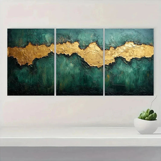 3pcs Abstract Green & Golden Texture Modern Metal Print Ready to Hang Art
