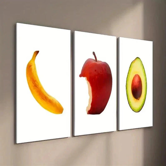 3pcs Simple Fruit Banana Avocado & Apple Wall Art Set Canvas Framed 40x60cm - High Quality Print 100% Australian Made Wall Canvas Ready to Hang