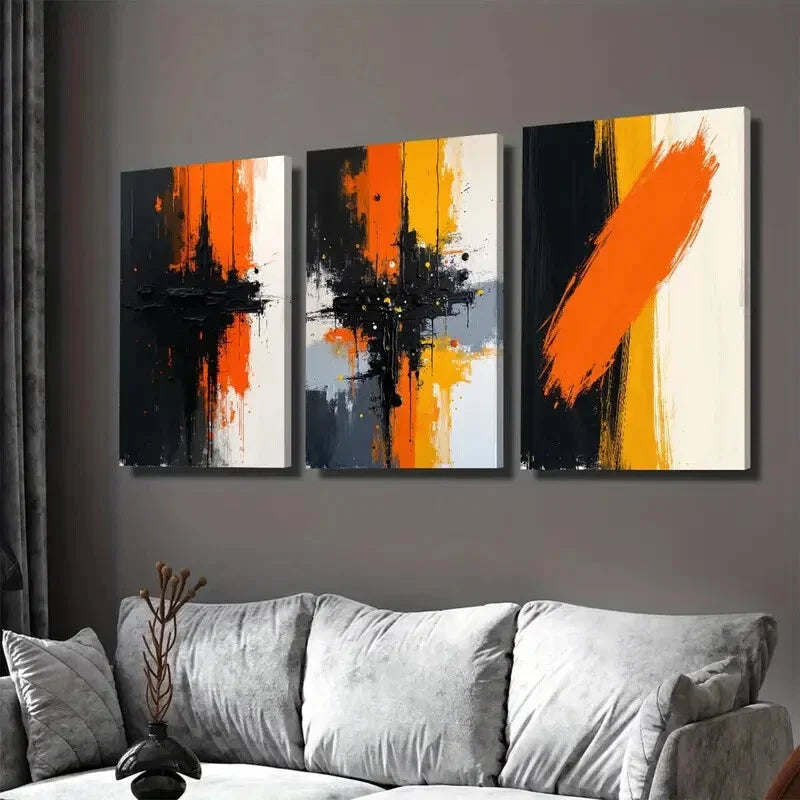 3pcs Abstract Vibrant Orange & Black White Wall Art Set Canvas Framed 40x60cm - High Quality Print 100% Australian Made Wall Canvas Ready to Hang