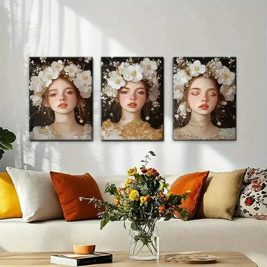 3pcs Woman in Floral Headpiece Dreamy Perfect Wall Art Set Canvas Framed 40x60cm - High Quality Print 100% Australian Made Wall Canvas Ready to Hang