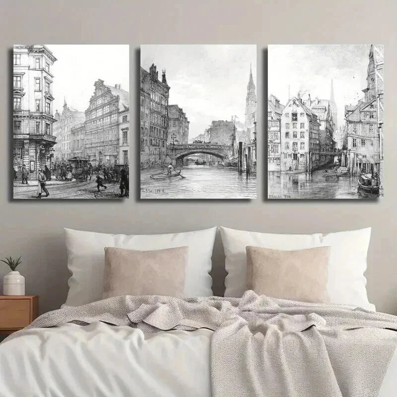3pcs Drawing Vintage Architecture And Urban Wall Art Set Canvas Framed 40x60cm - High Quality Print 100% Australian Made Wall Canvas Ready to Hang