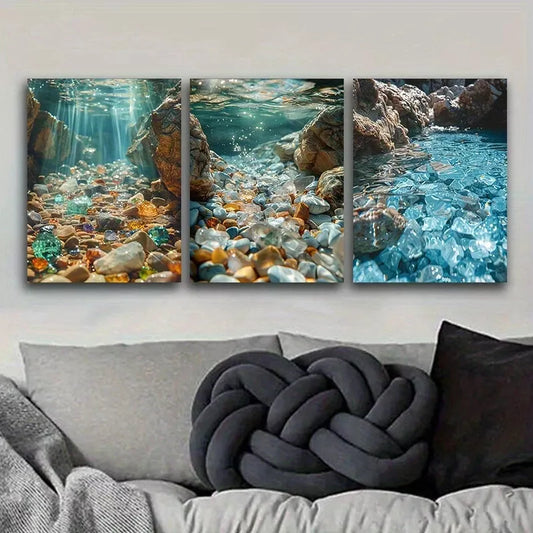 3pcs Art Deco Modern Water Gem Theme, Wall Art Set Canvas Framed 40x60cm - High Quality Print 100% Australian Made Wall Canvas Ready to Hang