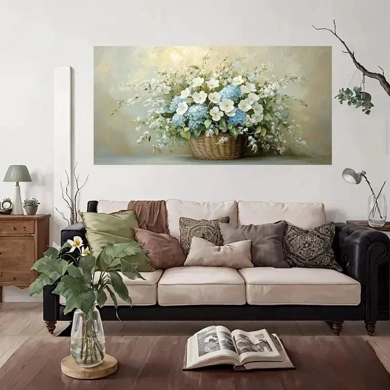 Blue And White Floral Wall Art Canvas Office Home Room Framed 80x45cm