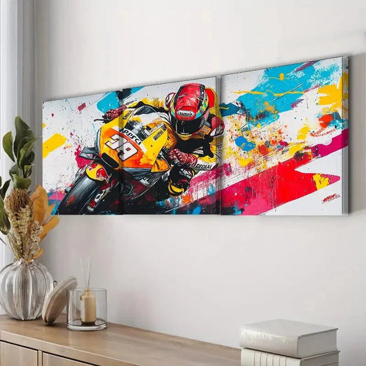 3pcs Orange & Yellow Motorcycle Rider Perfect Wall Art Set Canvas Framed 40x60cm - High Quality Print 100% Australian Made Wall Canvas Ready to Hang