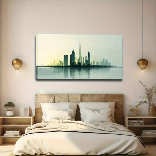 Gradient Blue Green Cityscape Wall Art canvas office home room framed 120x60cm