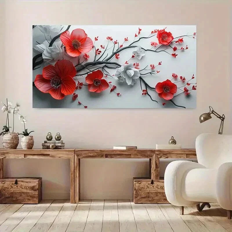 Tree Red White Flowers Stroke Wall Art Canvas Office Home Room Framed 80x45cm