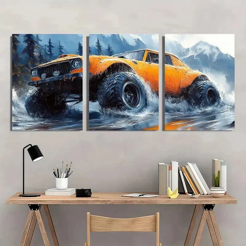 3pcs Vibrant Watercolor Monster Car Theme Metal Print Ready to Hang Art