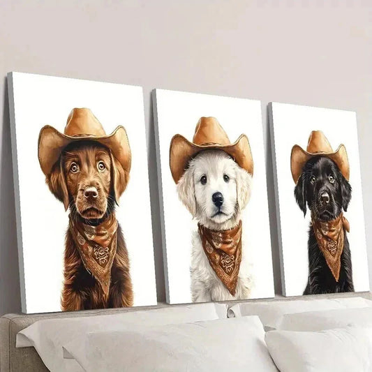 3pcs Dog Wearing a Cowboy Hat Decoration Wall Art Set Canvas Framed 40x60cm - High Quality Print 100% Australian Made Wall Canvas Ready to Hang