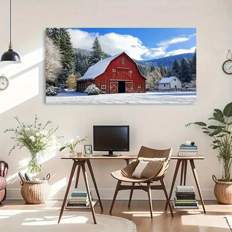 Red Barn Clear Sky Frosty Scene Wall Art Canvas Office Home Room Framed 120x60cm