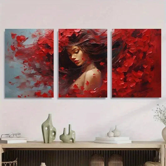 3pcs Abstract Red Flower Vibrant Modern Metal Print Ready to Hang Art