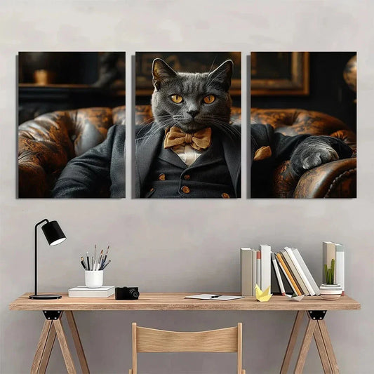 3pcs Whimsical Tuxedo Elegant Black & Golden Cat Metal Print Ready to Hang Art