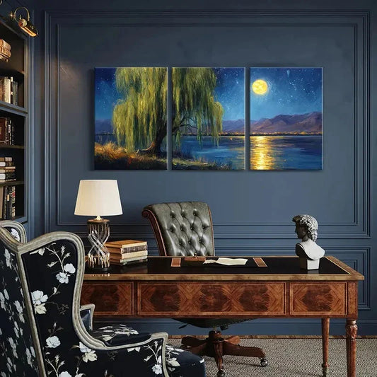 3pcs Moonlit Willow Tree Starry Night Sky Metal Print Ready to Hang Art