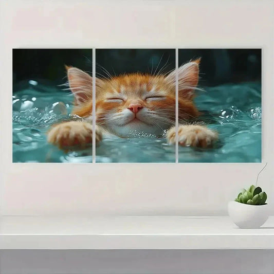 3pcs Adorable Kitten Serene Blue & Green Water Metal Print Ready to Hang Art