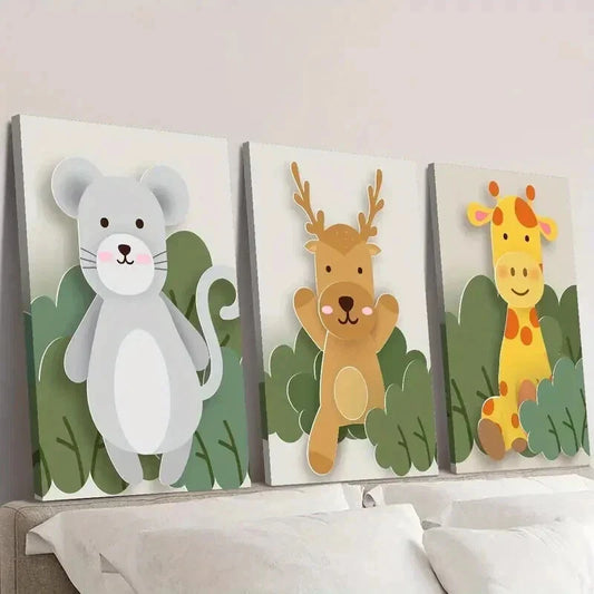 3pcs Mouse Deer Giraffe in Playful Forest Scene Wall Art Set Canvas Framed 40x60cm - High Quality Print 100% Australian Made Wall Canvas Ready to Hang