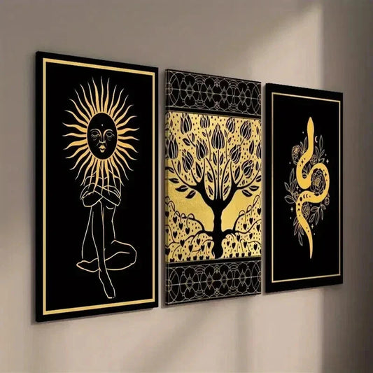 3pcs Black And Golden Witchcraft Painting Wall Art Set Canvas Framed 40x60cm - High Quality Print 100% Australian Made Wall Canvas Ready to Hang