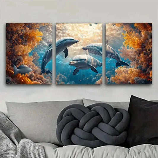 3pcs Coral Reef Symphony with Dolphins Wall Art Set Canvas Framed 40x60cm - High Quality Print 100% Australian Made Wall Canvas Ready to Hang