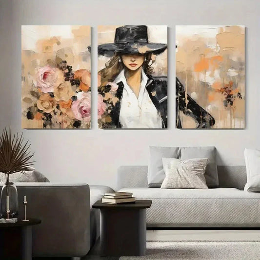 3pcs Modern Woman with Black Hat and Roses Metal Print Ready to Hang Art