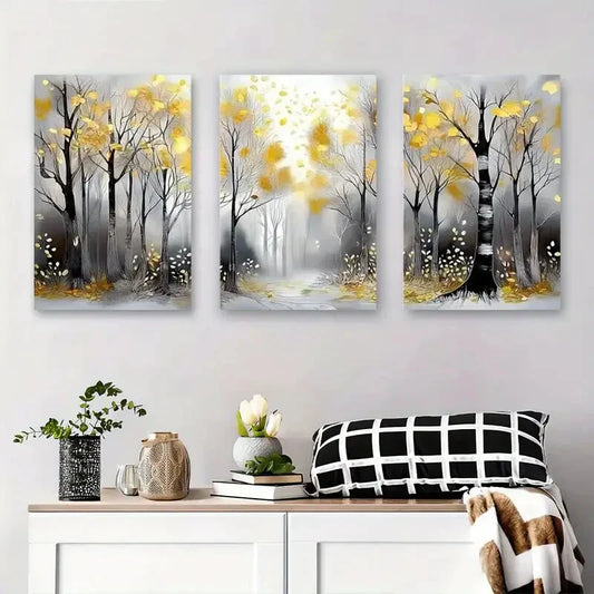 3pcs Golden Leaves & Misty Path Metal Print Ready to Hang Art