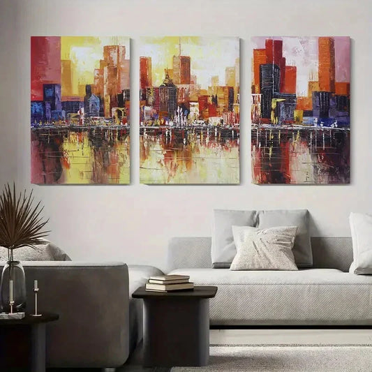3pcs Vibrant Urban Skyline, Colorful Metal Print Ready to Hang Art