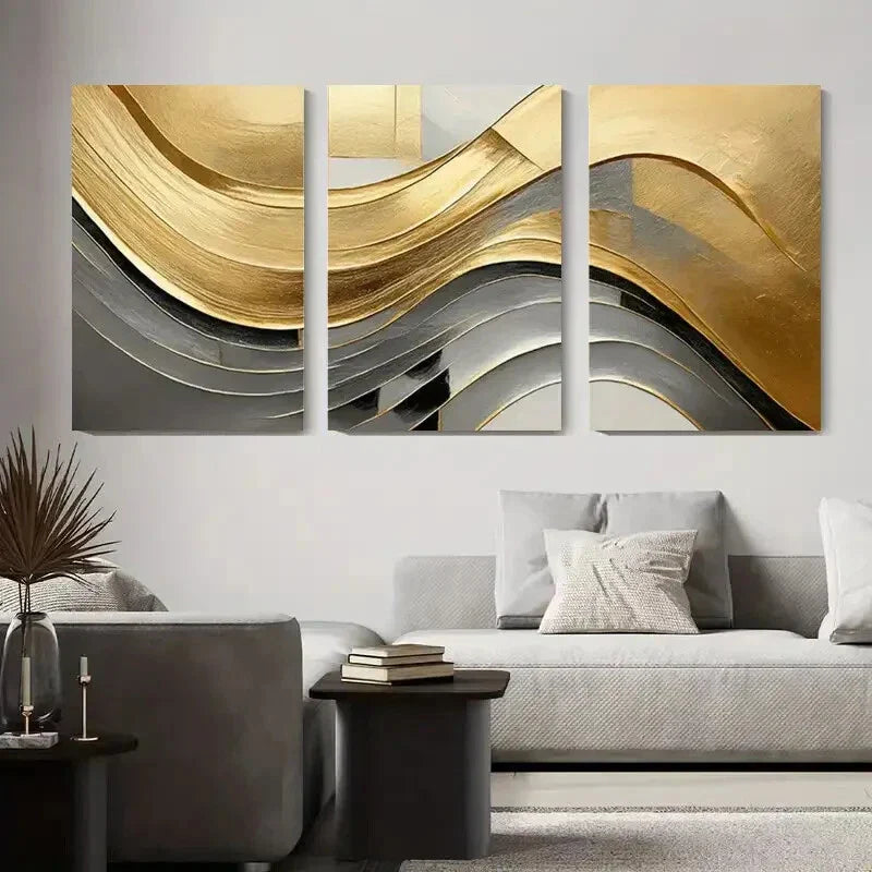 3pcs Golden and Silvery Wavy Design Metal Print Ready to Hang Art